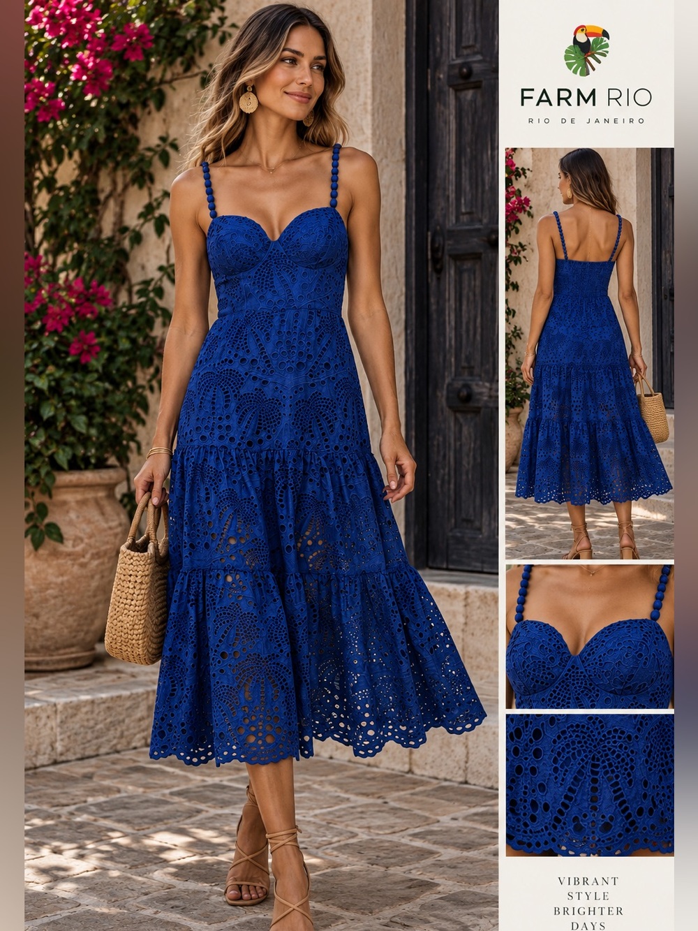 FARM Rio Palm Tree Richelieu Lace Sweetheart Midi Dress Blue size Medium